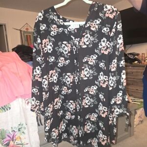 Joan Rivers Floral Button-Front Black Tunic with Pink & White Blooms